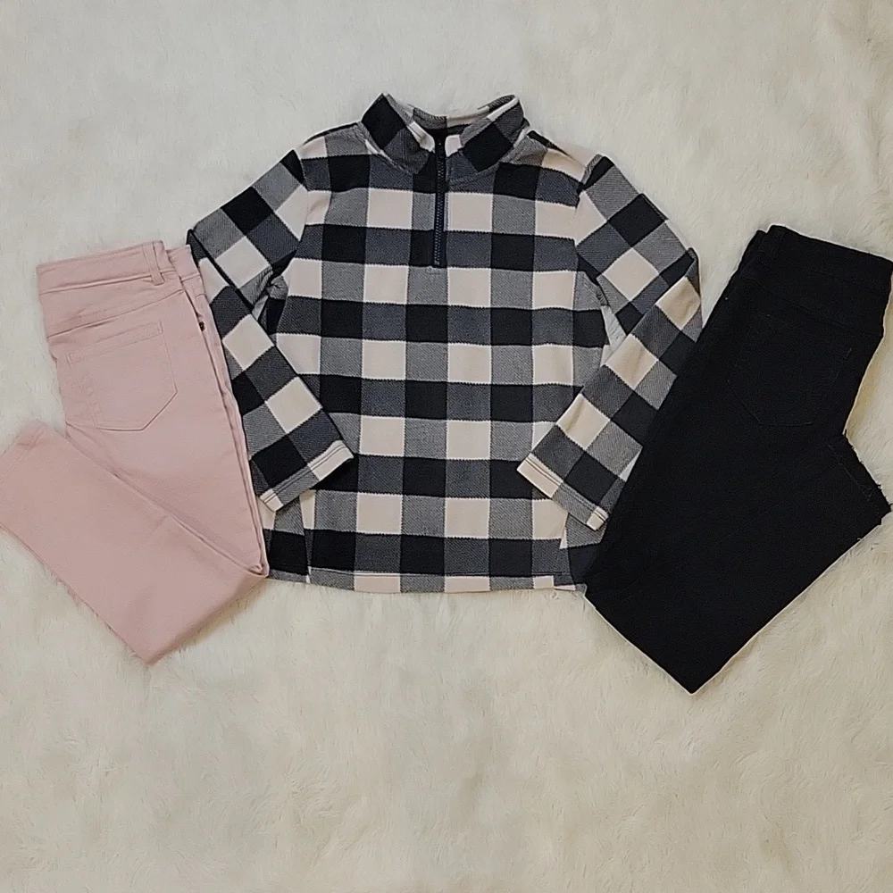 Gymboree Girls Pink Black Fleece Plaid Pullover, Black Jean, Pink Jean Size 7-8